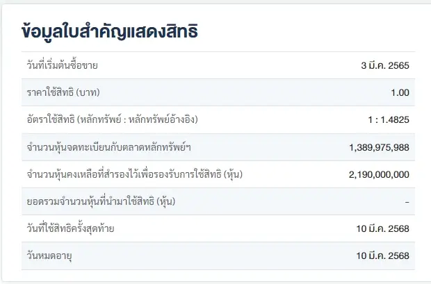 ตัวอย่างรายละเอียด warrant ของ EE-W1