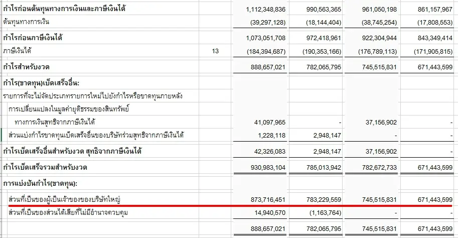ส่วนที่เป็นของผู้เป็นเจ้าของของบริษัทใหญ่ ในงบกำไรขาดทุน